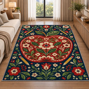 Folk Art Apple Rug in a bright living room with a sofa