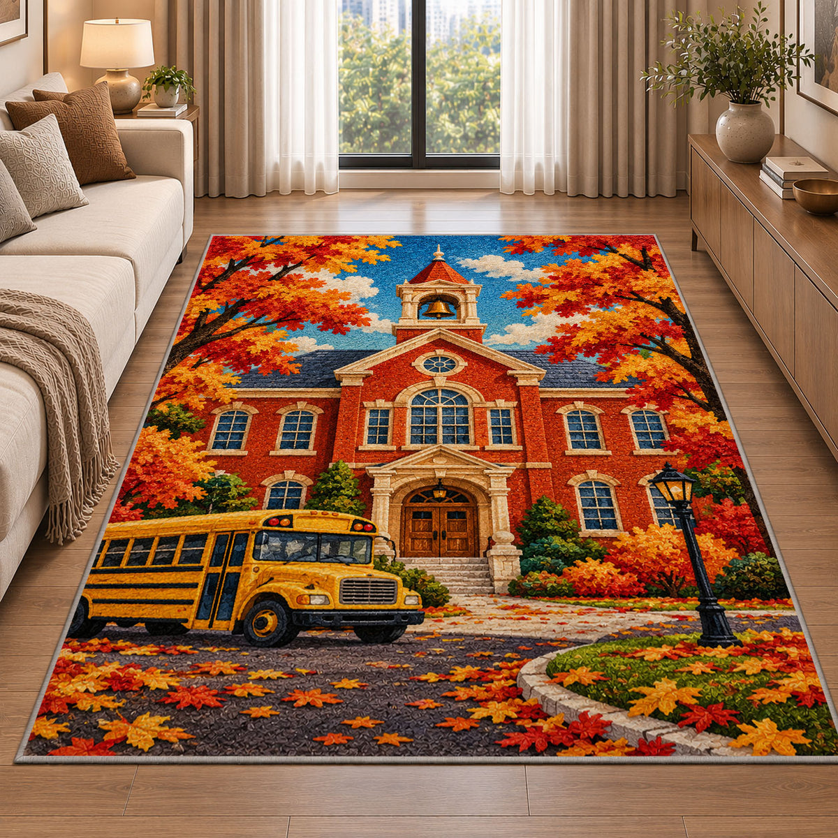 Autumn Schoolhouse Rug in a bright living room with a sofa