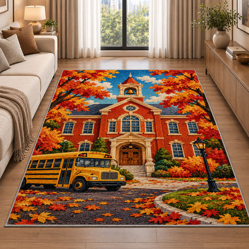 Autumn Schoolhouse Rug in a bright living room with a sofa