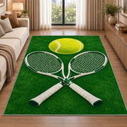 Tennis Rackets and Ball Rug in a bright living room with a sofa