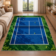 Tennis Court Rug in a bright living room with a sofa