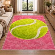 Giant Tennis Ball Rug in a bright living room with a sofa
