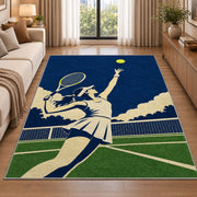 Tennis Player Serve Rug in a bright living room with a sofa