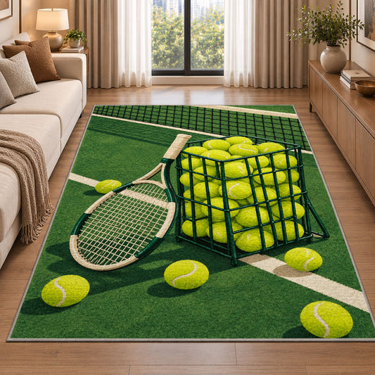 Tennis Ball Basket Rug in a bright living room with a sofa