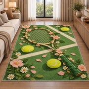 Floral Tennis Racket Rug in a bright living room with a sofa