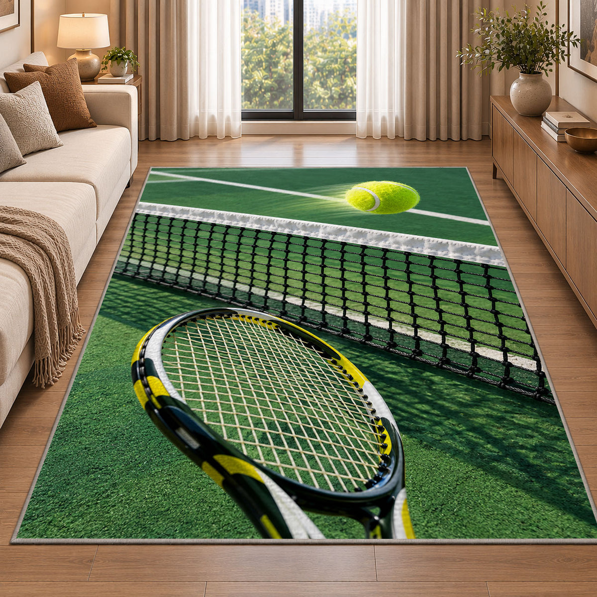 Tennis Net Rug in a bright living room with a sofa