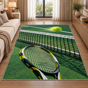Tennis Net Rug in a bright living room with a sofa