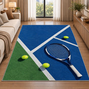 Blue Hard Court Tennis Rug in a bright living room with a sofa