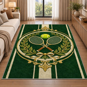 Vintage Tennis Crest Rug in a bright living room with a sofa