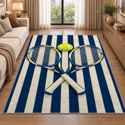 Preppy Stripe Tennis Rug in a bright living room with a sofa