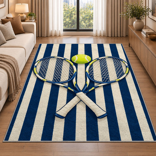 Preppy Stripe Tennis Rug in a bright living room with a sofa