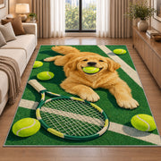Dog with Tennis Ball Rug in a bright living room with a sofa