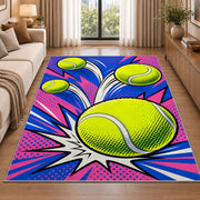 Pop Art Tennis Ball Rug in a bright living room with a sofa