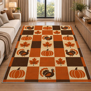 Retro Checkered Thanksgiving Rug in a bright living room with a sofa