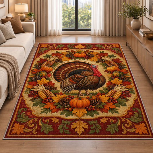 Autumn Wreath Turkey Rug in a bright living room with a sofa