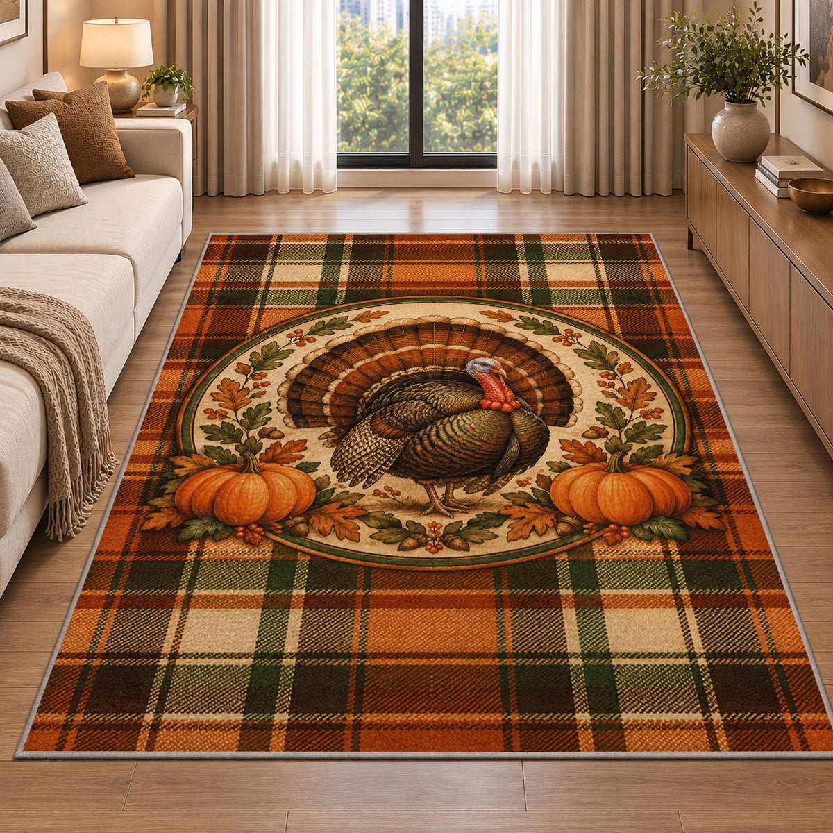 Tartan Plaid Turkey Rug in a bright living room with a sofa