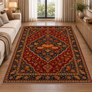 Persian Style Pumpkin Rug in a bright living room with a sofa
