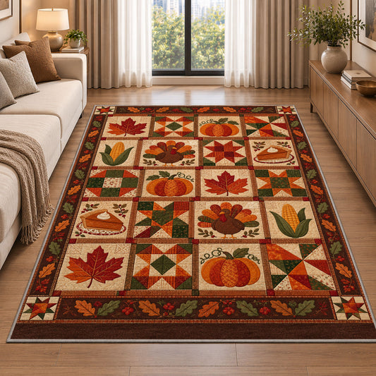 Thanksgiving Patchwork Rug in a bright living room with a sofa