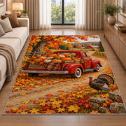 Red Vintage Truck Pumpkin Rug in a bright living room with a sofa