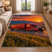 Red semi truck at sunset rug in a bright living room with a sofa