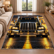 Chrome semi truck front rug in a bright living room with a sofa