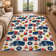 Semi truck pattern rug in a bright living room with a sofa