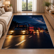 Semi truck convoy at night rug in a bright living room with a sofa