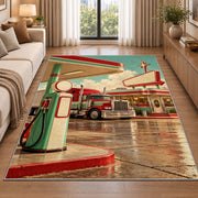 Retro truck stop rug in a bright living room with a sofa