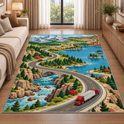 Illustrated road map with trucks rug in a bright living room with a sofa