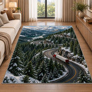 Semi truck on mountain pass rug in a bright living room with a sofa