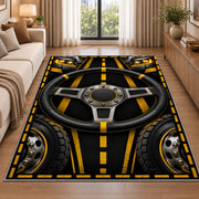 Truck steering wheel rug in a bright living room with a sofa