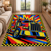Pop art semi truck rug in a bright living room with a sofa
