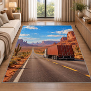 Semi truck on desert highway rug in a bright living room with a sofa