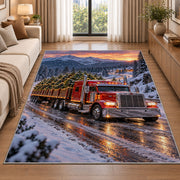 Christmas tree semi truck rug in a bright living room with a sofa