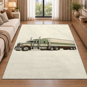 Vintage 1950s truck rug in a bright living room with a sofa