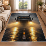 Semi truck headlights in fog rug in a bright living room with a sofa