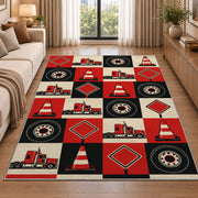 Checkered trucks and road signs rug in a bright living room with a sofa