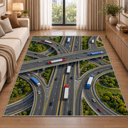 Highway interchange from above rug in a bright living room with a sofa
