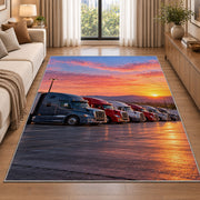 Semi trucks at a truck stop at sunrise rug in a bright living room with a sofa