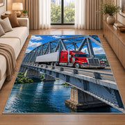 Semi truck crossing a steel bridge rug in a bright living room with a sofa