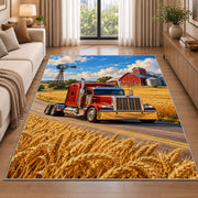 Semi truck on a country road rug in a bright living room with a sofa