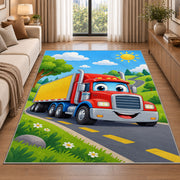 Cute cartoon semi truck rug in a bright living room with a sofa