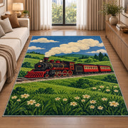 Vintage Steam Train Rug in a bright living room with a sofa