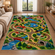 Train Track Play Rug in a bright living room with a sofa