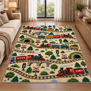 Train Pattern Rug in a bright living room with a sofa