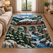 Mountain Train Bridge Rug in a bright living room with a sofa