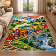 Wooden Toy Train Rug in a bright living room with a sofa
