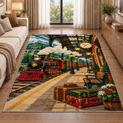 Vintage Train Station Rug in a bright living room with a sofa