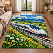High Speed Train Rug in a bright living room with a sofa