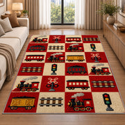 Retro Train Checkered Rug in a bright living room with a sofa